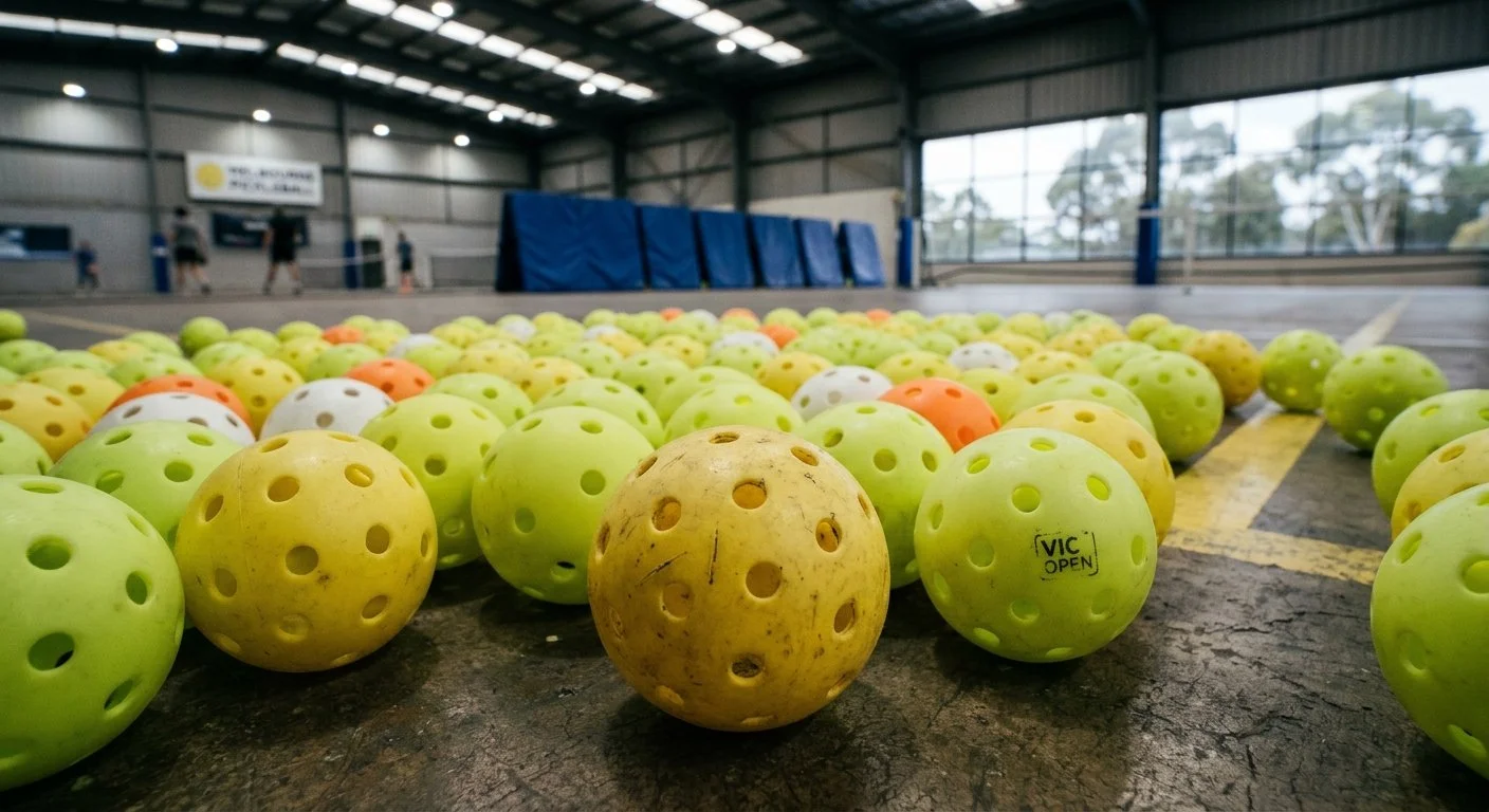 A large indoor sports facility with rows of tennis balls on the ground, some yellow and orange, and a few white with black dots; people practicing tennis in the background.