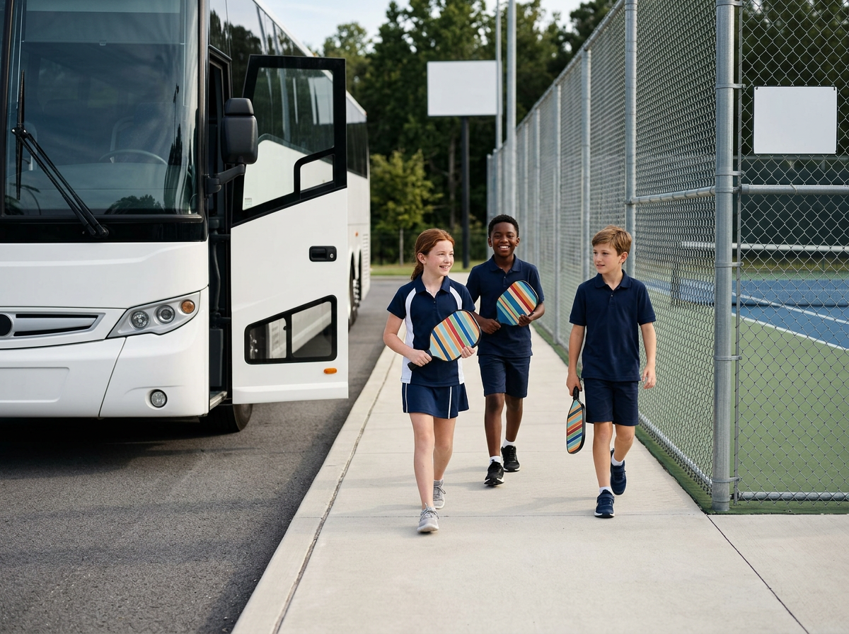Three children walking near a white bus and a tennis court, carrying paddles for playing tennis, wearing school uniforms.