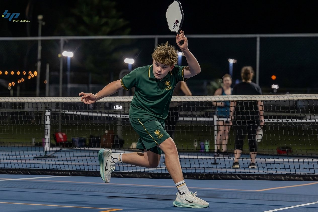 A young boy in green sportswear playing pickleball at night, holding a paddle, on an outdoor court.