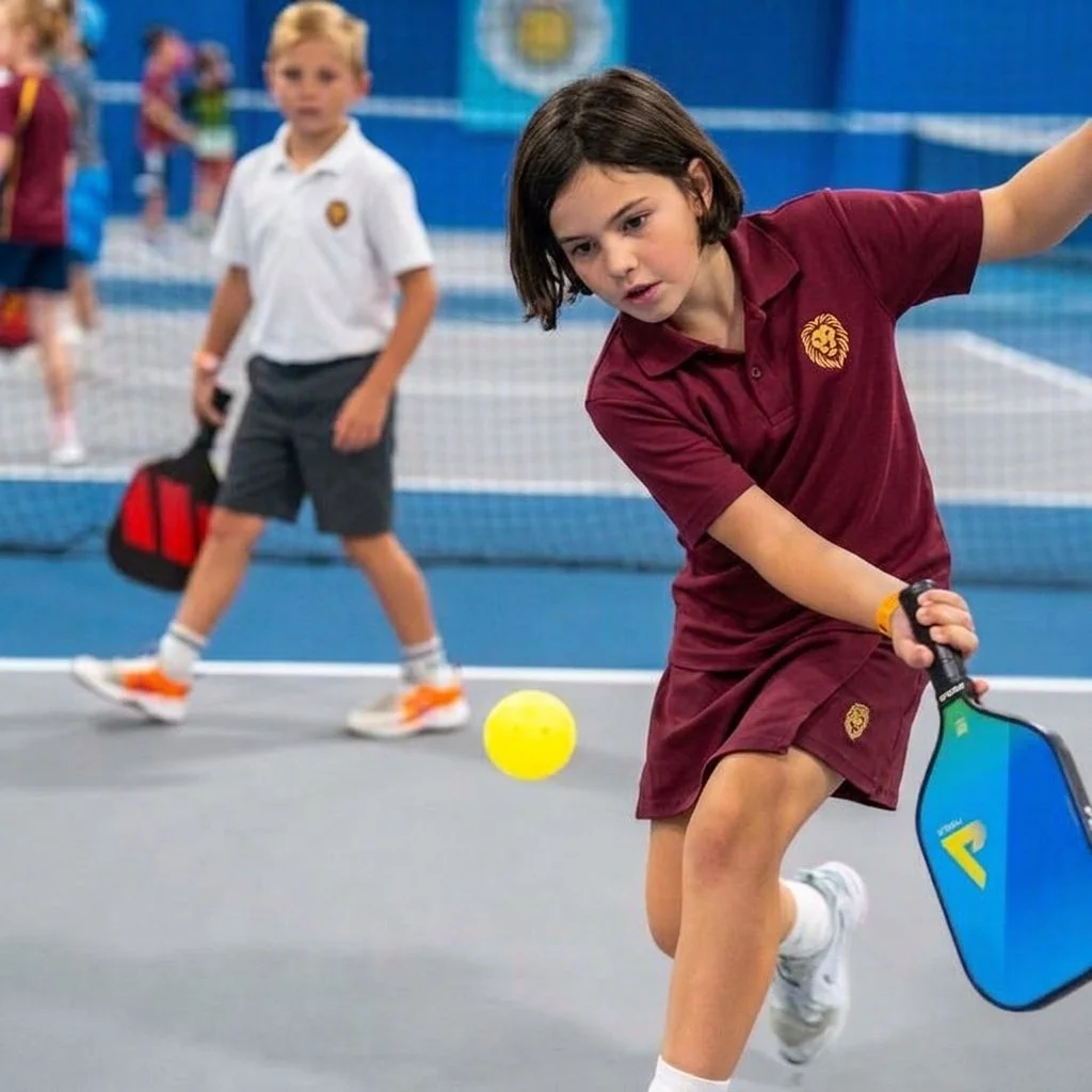 Children playing pickleball indoors, with one girl in a maroon uniform swinging a paddle towards a yellow ball, and a boy in a white shirt and gray shorts holding a bag in the background.