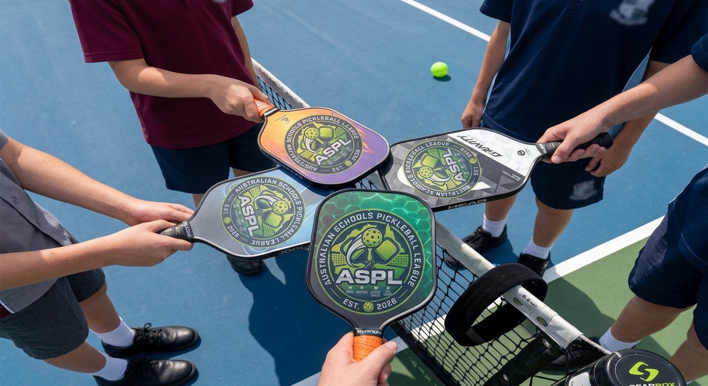Four children on a pickleball court holding paddles with the Australian Schools Pickleball League logo, preparing for a game.