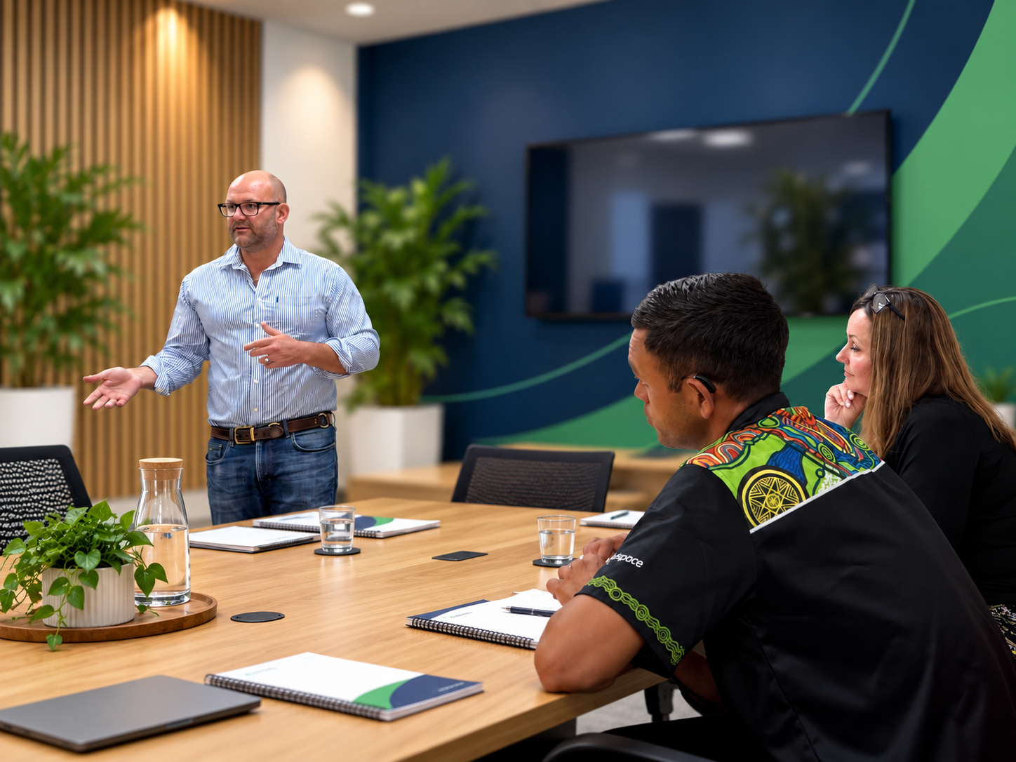 TCWC facilitator Tim Carr delivering an interactive workplace training session, engaging participants in a modern conference room.