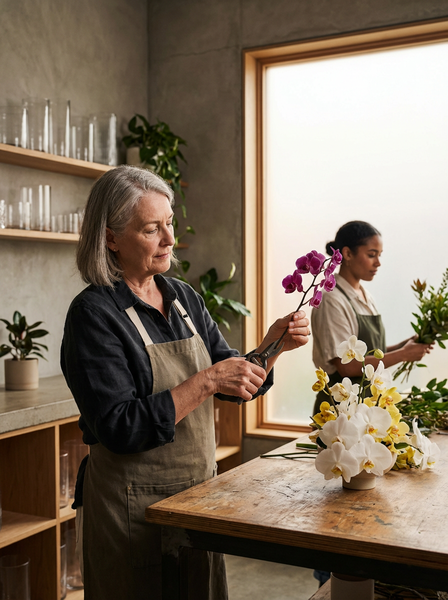 Mujer mayor arreglando flores en un estudio de flores, con otra mujer al fondo también trabajando con plantas, en un ambiente de luz natural y decoración minimalista.