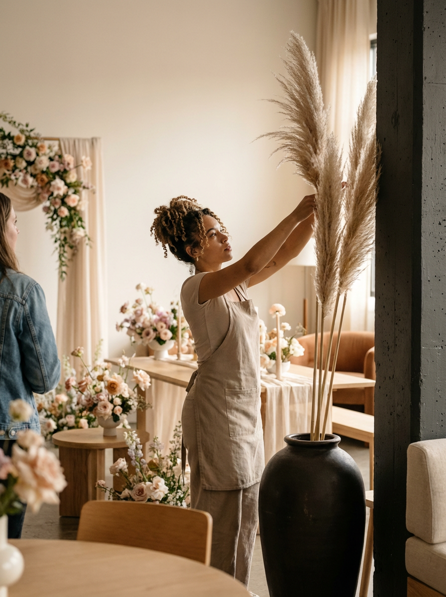 Una mujer decorando con flores secas un espacio interior con una gran olla negra con flamas de caña de pampas.