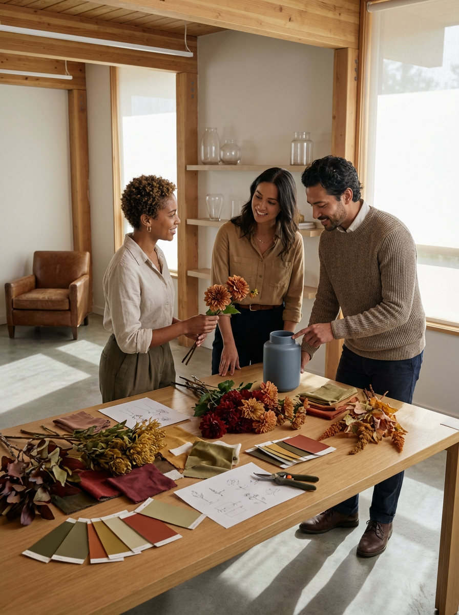 Tres personas en una sala de diseño de interiores, discutiendo arreglos florales y muestras de telas sobre la mesa.