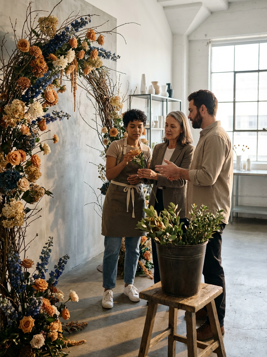 Tres personas en un taller de flores, observando y trabajando con un arreglo floral en un entorno interior con grandes ventanas.
