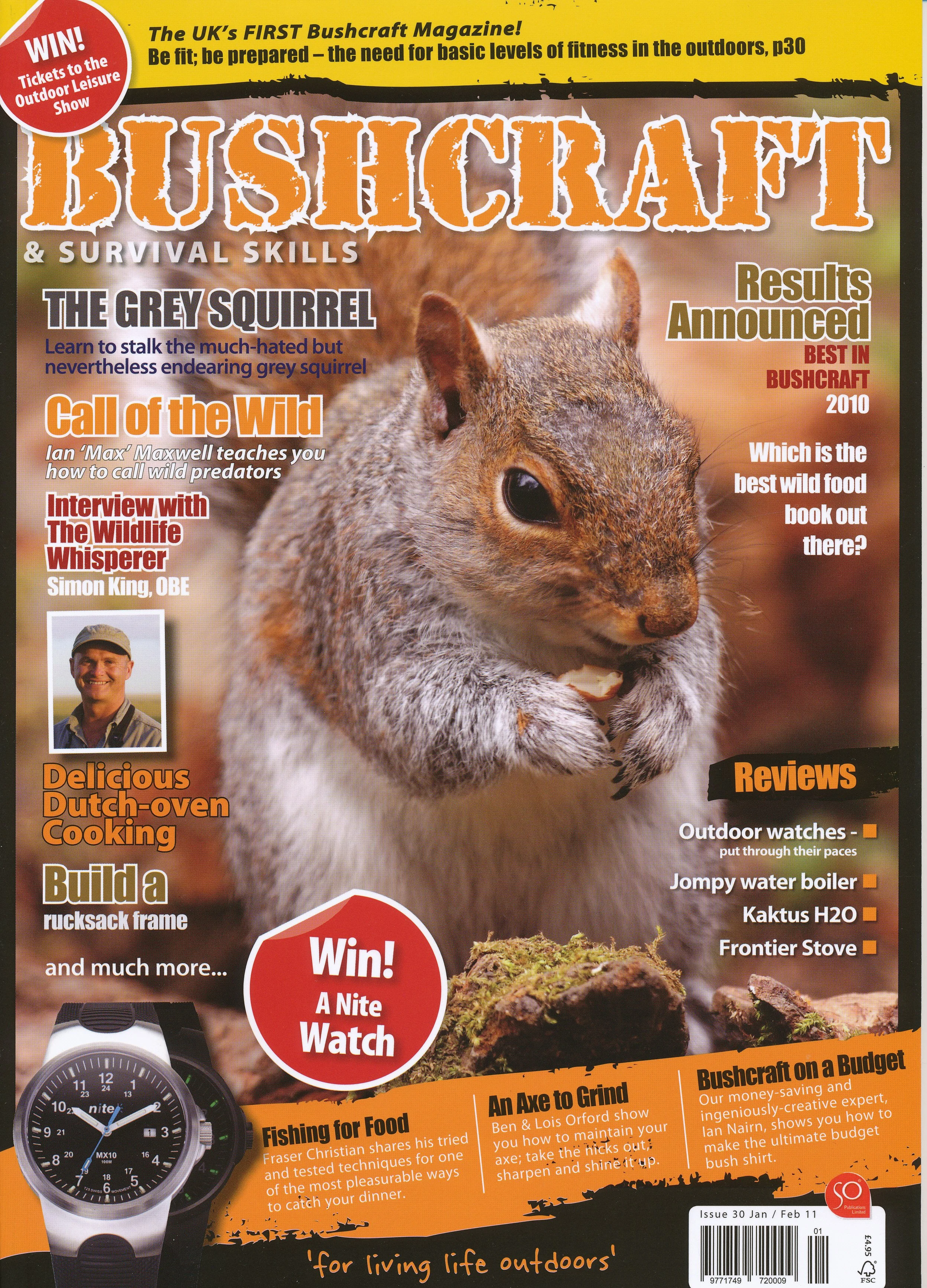 Front cover of a bushcraft magazine featuring a squirrel with large eyes, small ears, and grey-brown fur. The cover has orange, white, yellow, and black text highlighting articles about bushcraft skills, survival, wild food, and outdoor gear.