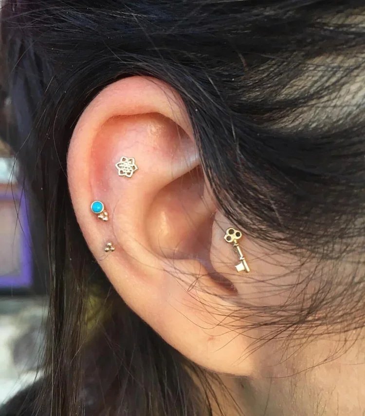 Close-up of a person's ear with multiple piercings and various small earrings, including a bear, a blue gemstone, a tiny star, and a gold key.