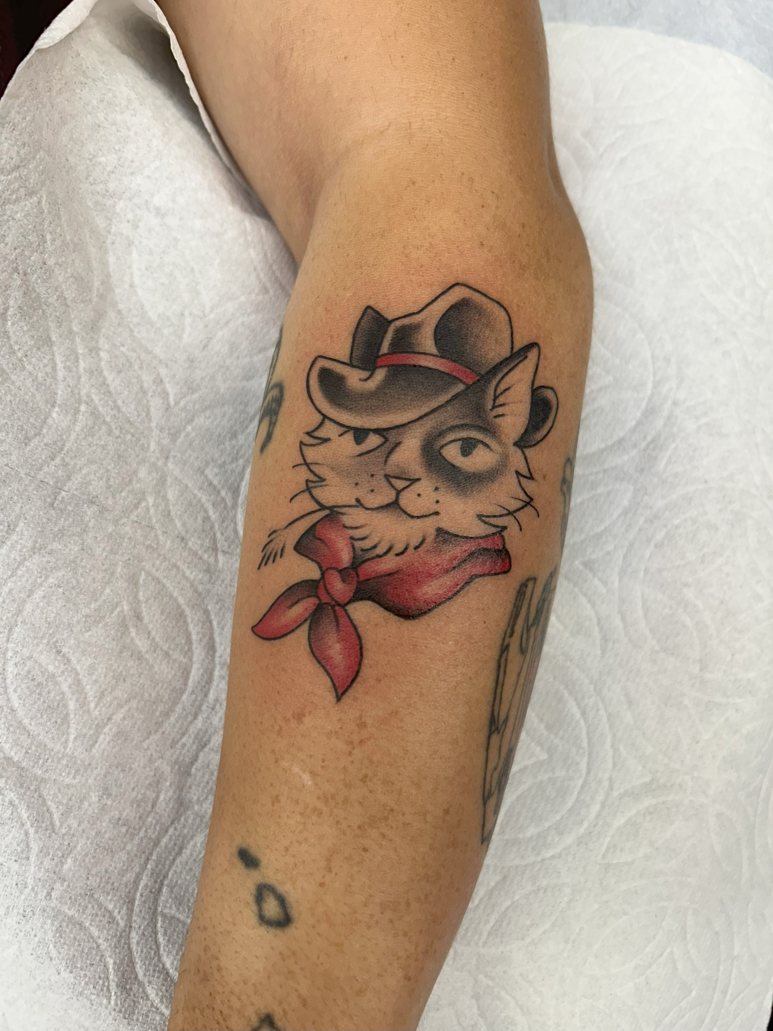 A tattoo of a cat wearing a cowboy hat and a red bandana on a person's arm.