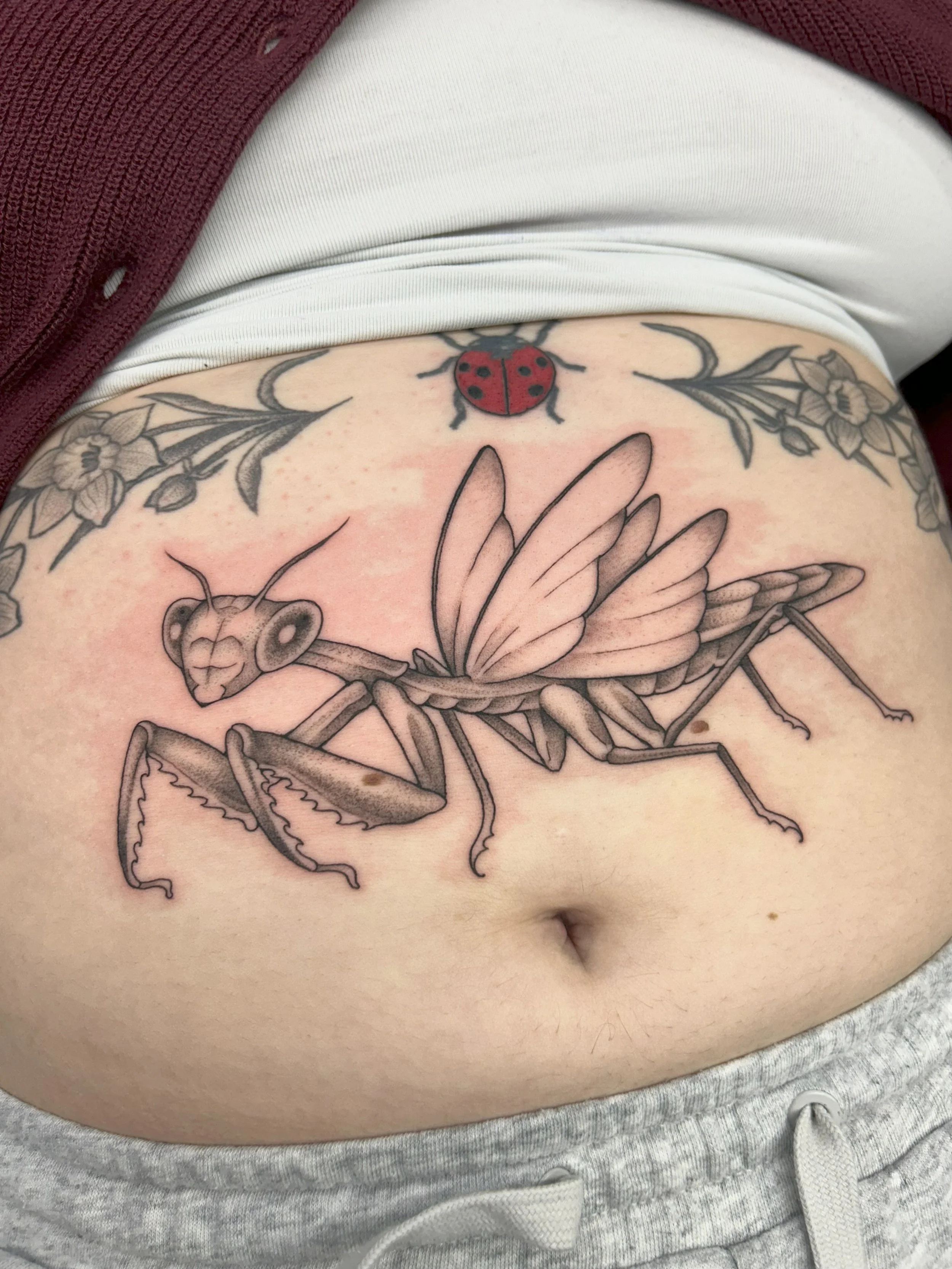 A person's torso with a tattoo of a ladybug on the upper abdomen, surrounded by floral and insect designs.