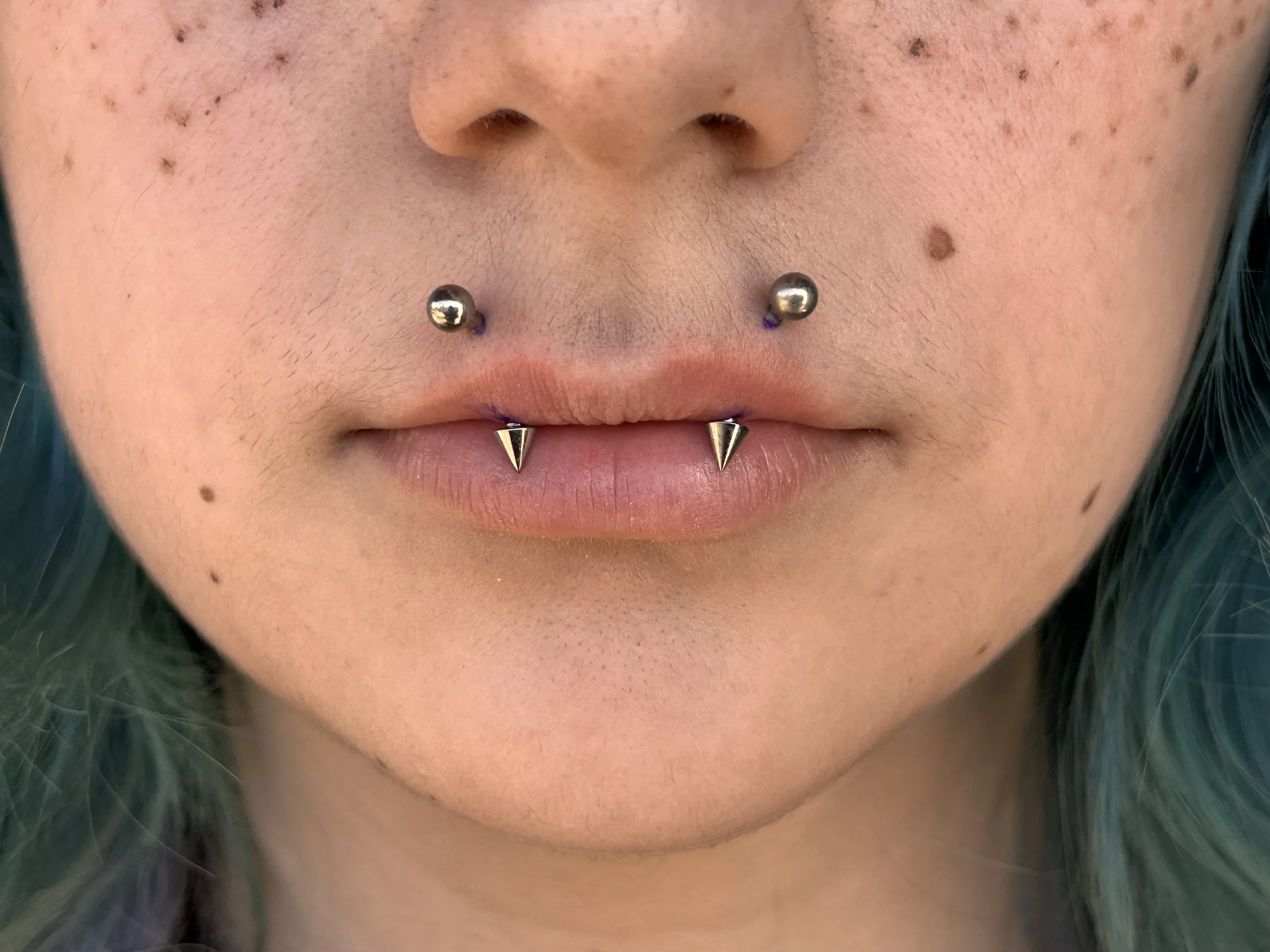 Close-up of a person's face showing multiple facial piercings including a septum piercing, two nostril piercings with metallic balls, and two lip piercings with metallic spikes. The individual has light skin, freckles, and some moles.