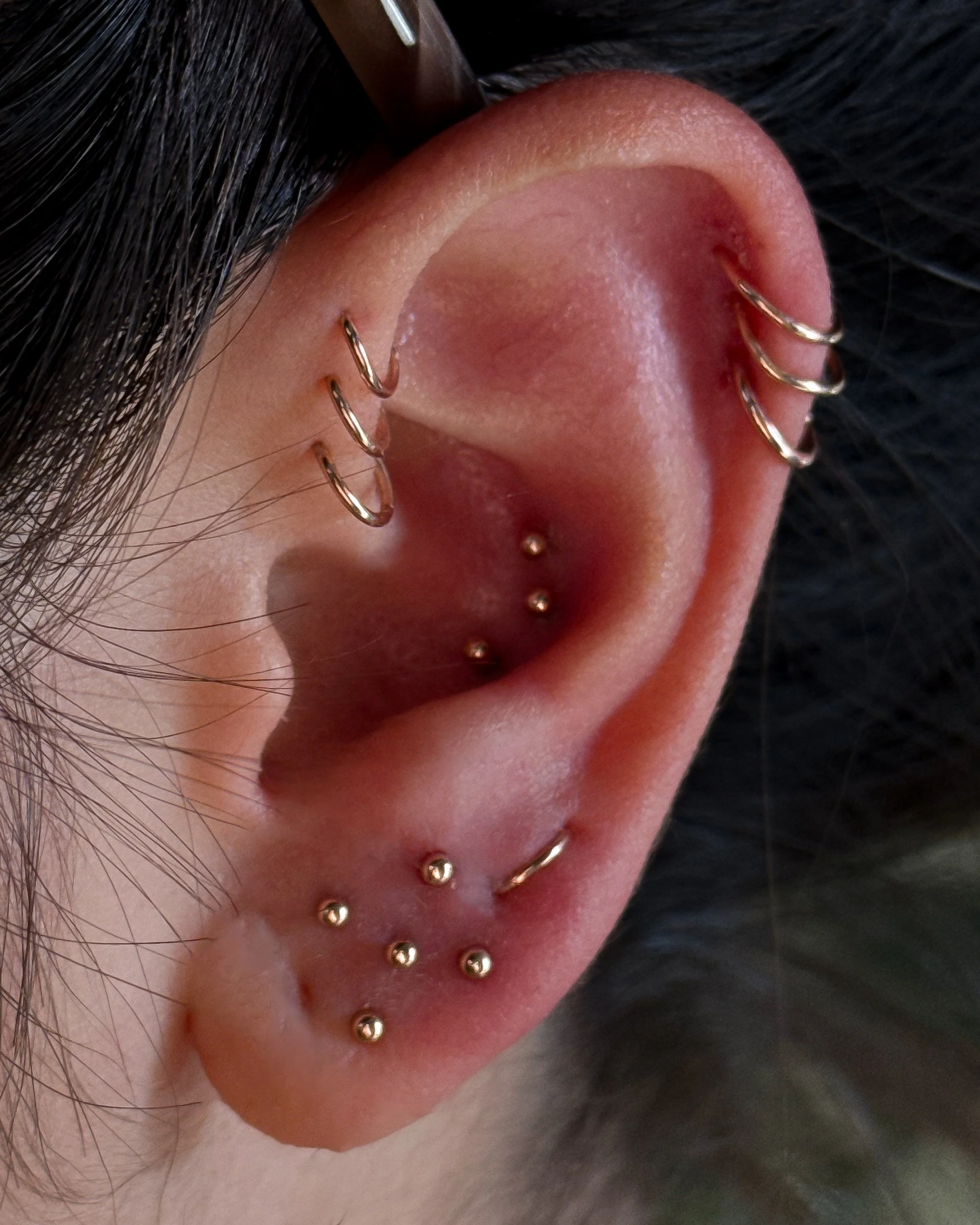 Close-up of a person's ear with multiple piercings, including hoops and studs, and dark hair partially covering the ear.