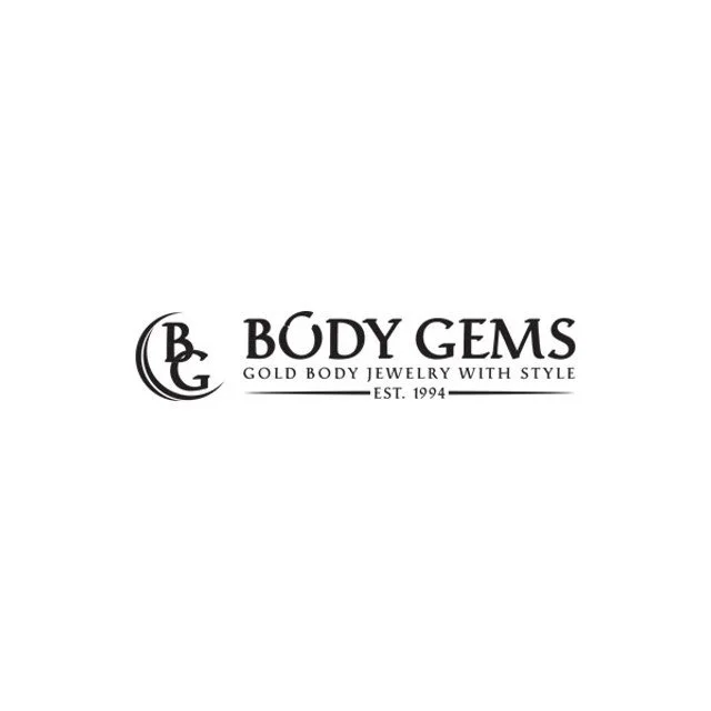 Logo for Body Gems, a jewelry brand established in 1994, featuring a crescent moon with intertwined initials 'BG' and the tagline 'Gold Body Jewelry with Style'.