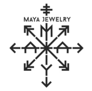 Maya jewelry logo with a central 'M' and a sun-like design of arrows and lines, with the words 'Maya Jewelry' above.