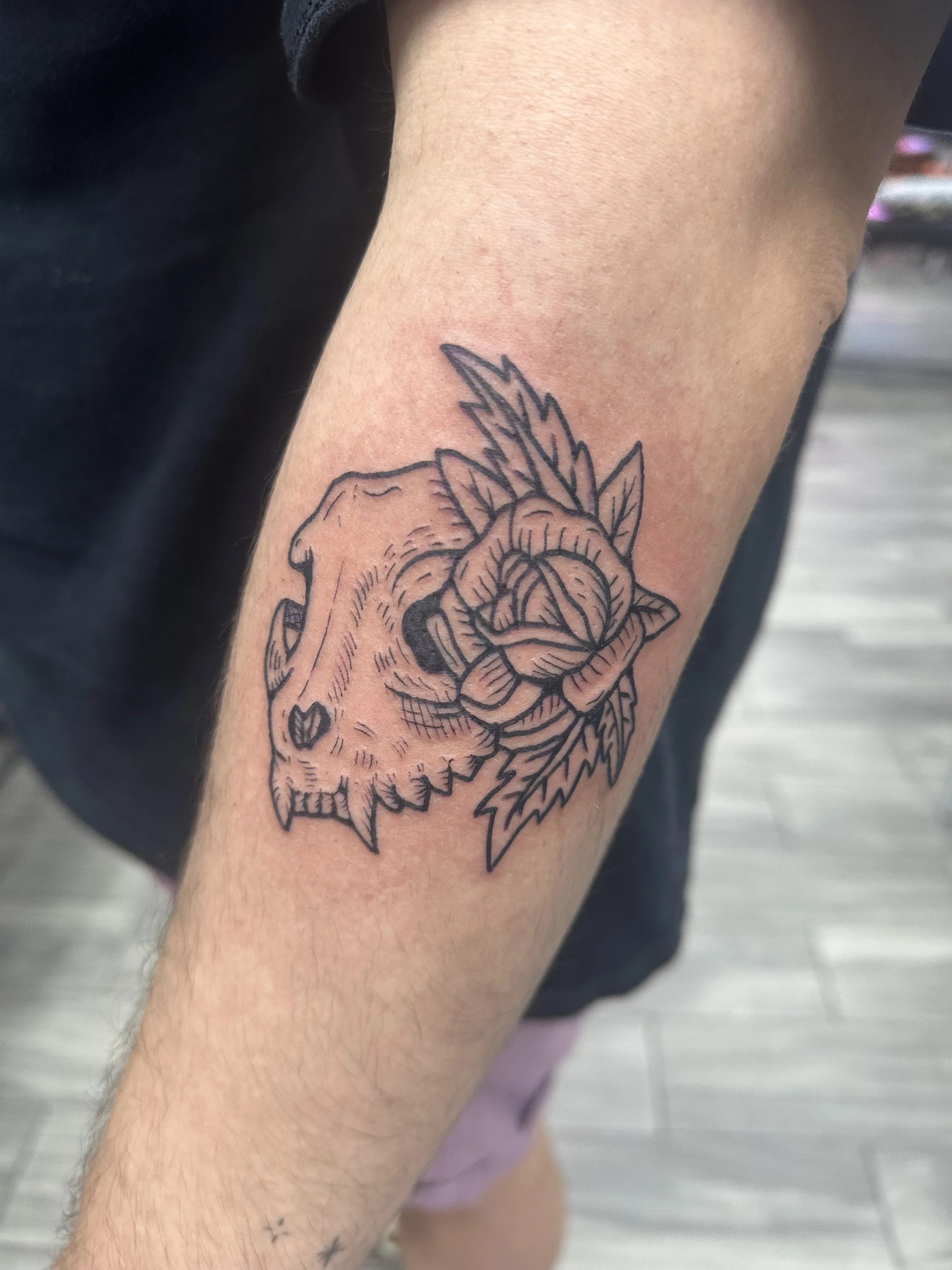 Tattoo of a lion's face with a rose in its mouth on a person's forearm.