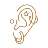 Line drawing of a hand holding a wand with a star, surrounded by crescent shapes and small circles
