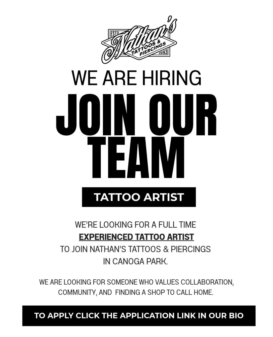 We&rsquo;re looking for an experienced tattoo artist who values great art, good people, and finding a shop to call home.

Have 3+ years of professional experience beyond your apprenticeship, a strong portfolio, and a desire to be part of our shop com