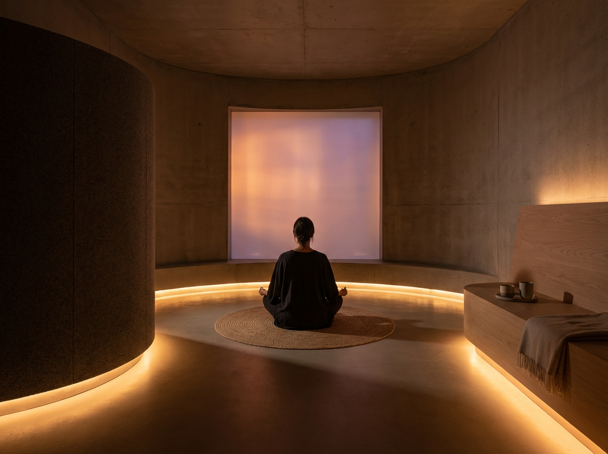 A person sitting cross-legged on a round rug in a minimalist, dimly lit room with warm ambient lighting, facing a large frosted window with a sunset or sunrise view.