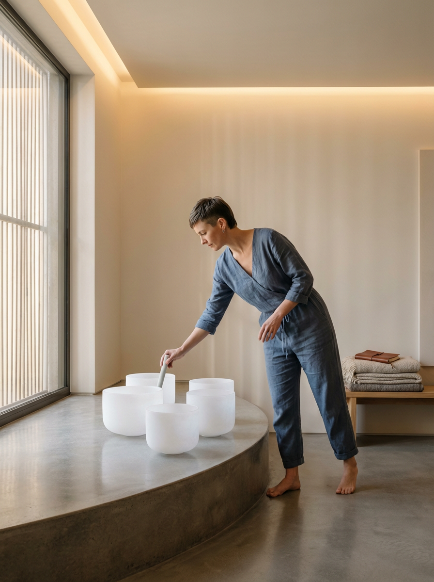A woman in a blue outfit playing singing bowls in a minimalistic room with large window and soft lighting.