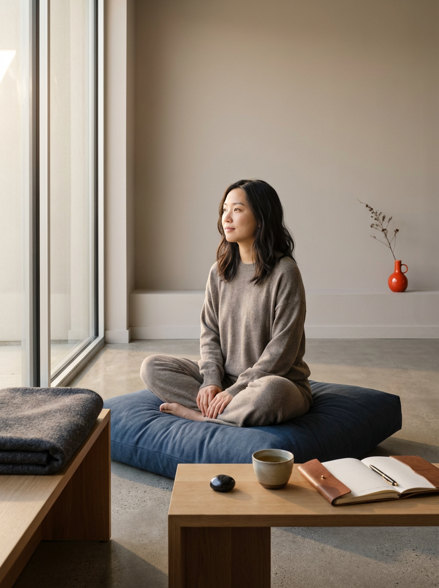 A woman sitting cross-legged on a blue cushion on the floor, gazing out a large window in a minimalist living space, with a small table nearby holding a cup, a notebook, and a pen, and a red vase with a dried branch in the background.