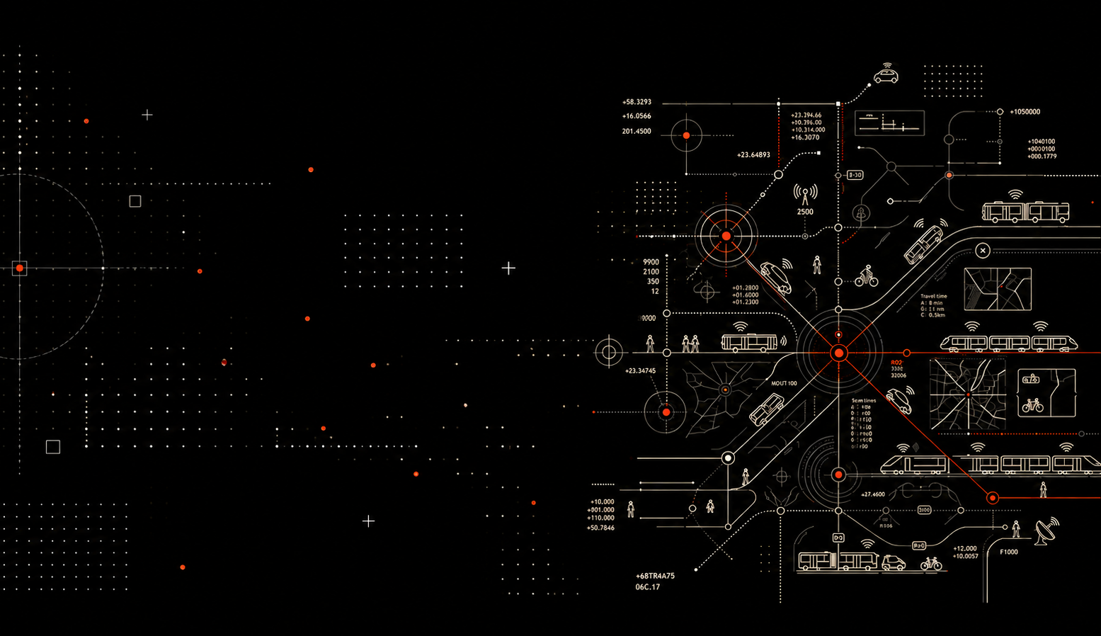 A digital schematic of a transportation network with various icons representing cars, buses, bicycles, pedestrians, and train lines, connected by lines, circles, and data points on a black background.
