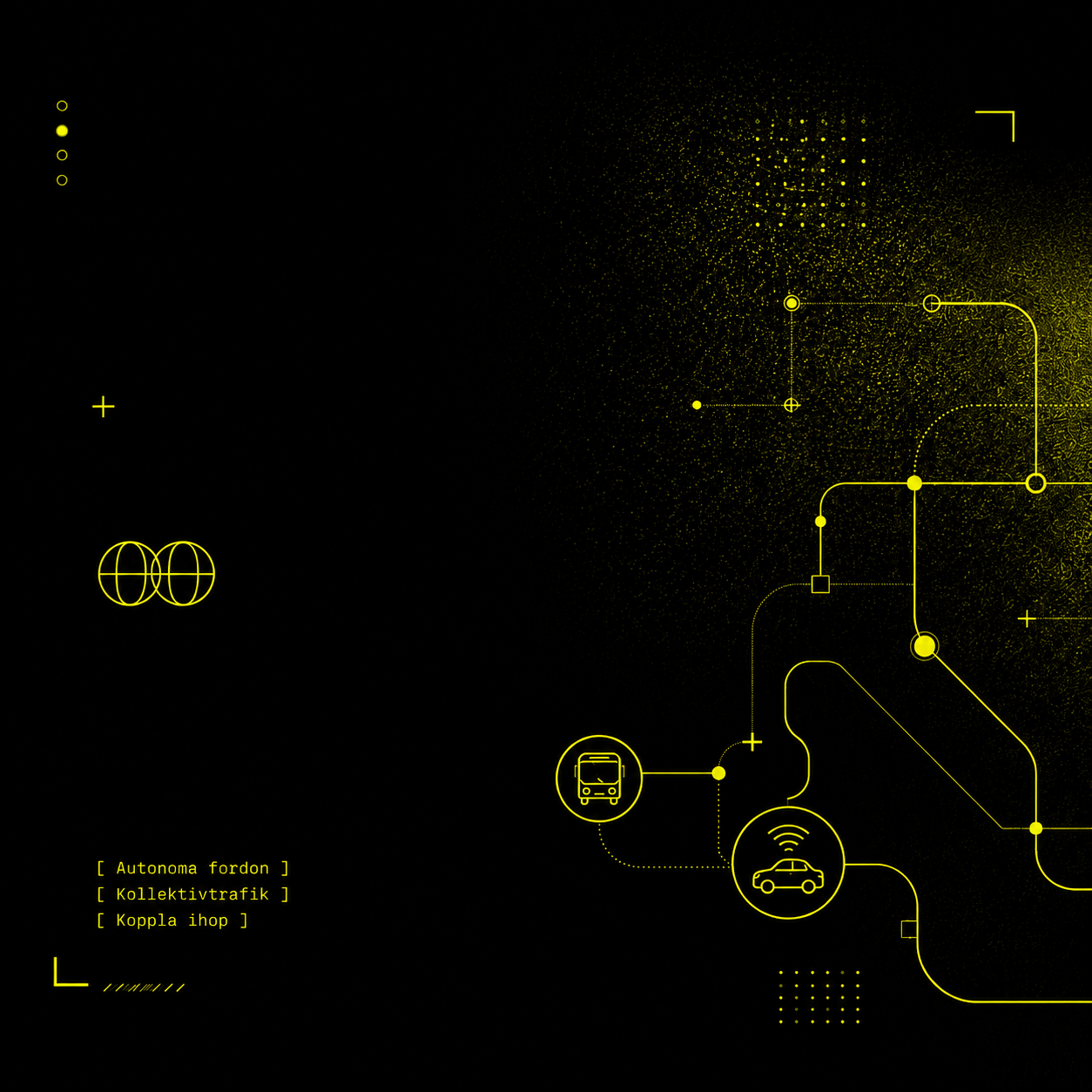 Digital illustration of autonomous vehicles and smart transportation concepts, with yellow outlines of a bus and a car connected by lines and symbols against a black background, including schematic elements and text in Swedish.