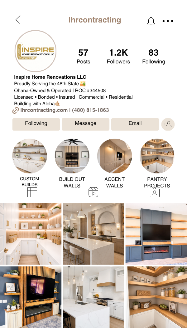 Instagram profile page of Inspire Home Renovations LLC, featuring a logo, follower count, contact information, and a grid of interior renovation photos including custom builds, buildout walls, accent walls, pantry projects, and various decorated kitchen and living room spaces.