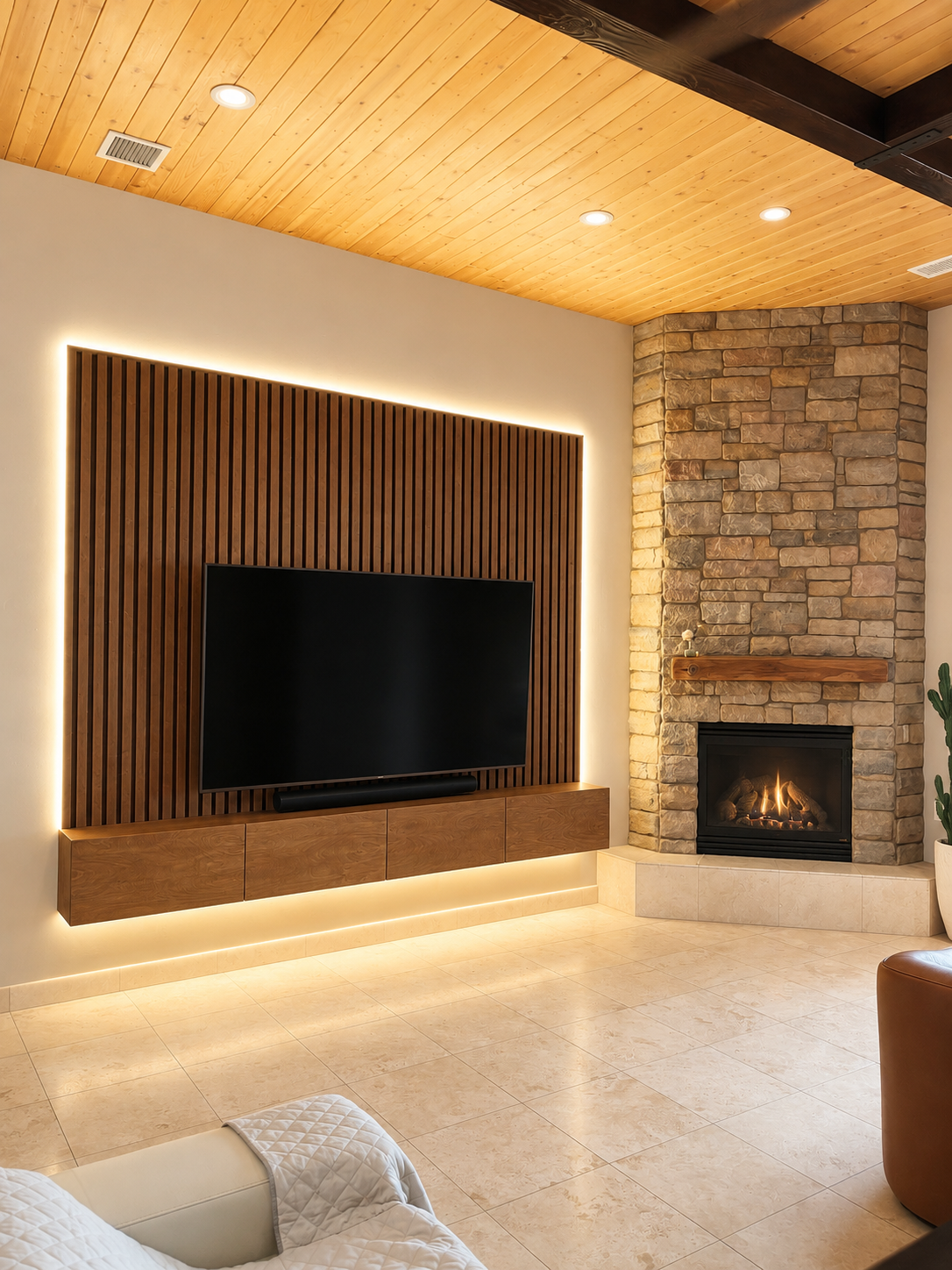 Living room with a wood-paneled ceiling, a stone fireplace, a flat-screen TV mounted on a wooden accent wall with backlighting, and beige tiled flooring.