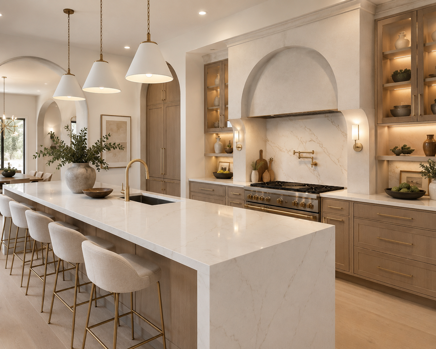 Modern kitchen with a large white marble island, beige cabinetry, and a stove with gold knobs. Overhead pendant lights and built-in shelves with decorative items and plants.