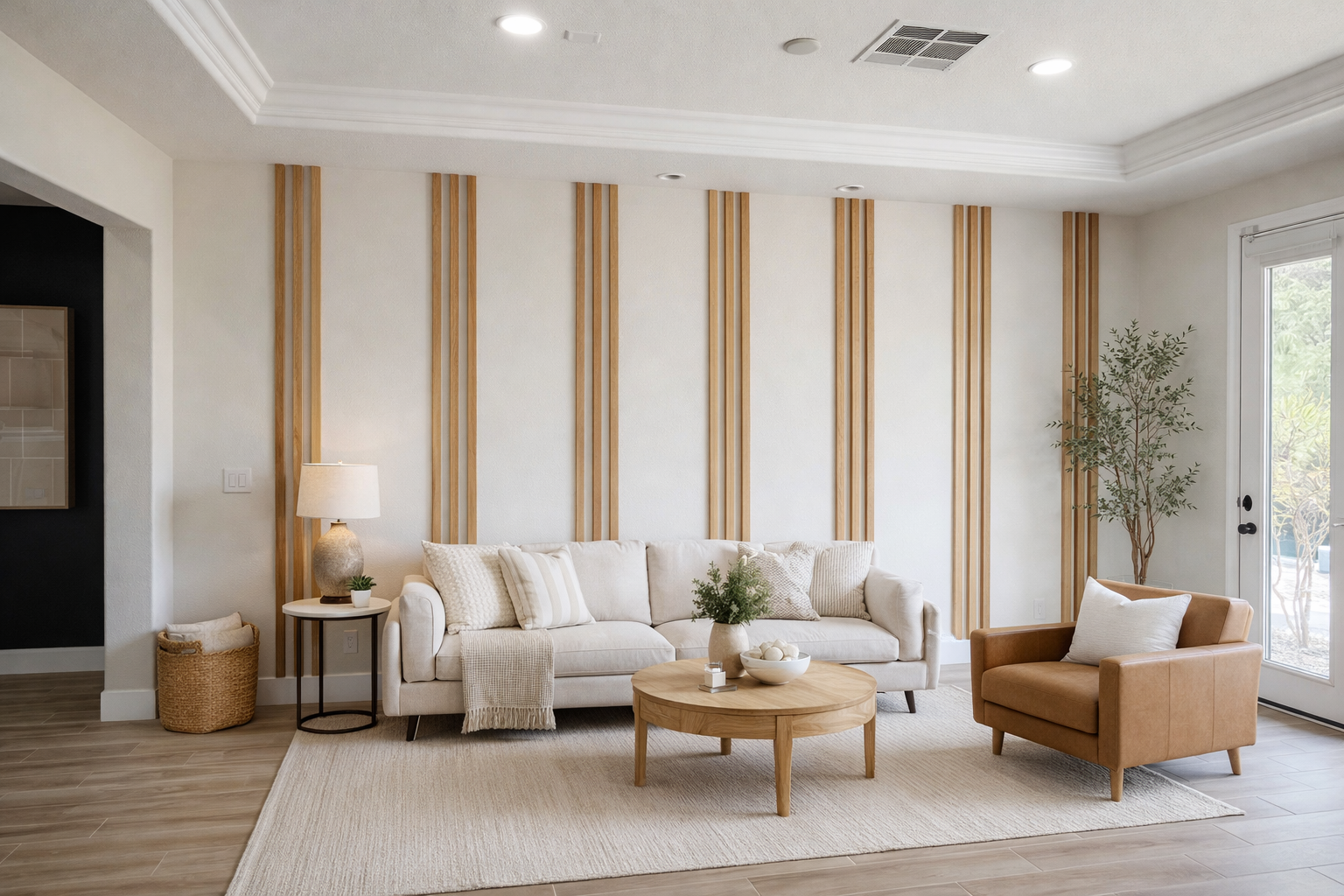 Living room with beige sofa, tan armchair, wooden coffee table, side table with lamp, and potted plants, featuring wood wall accents and a glass door.