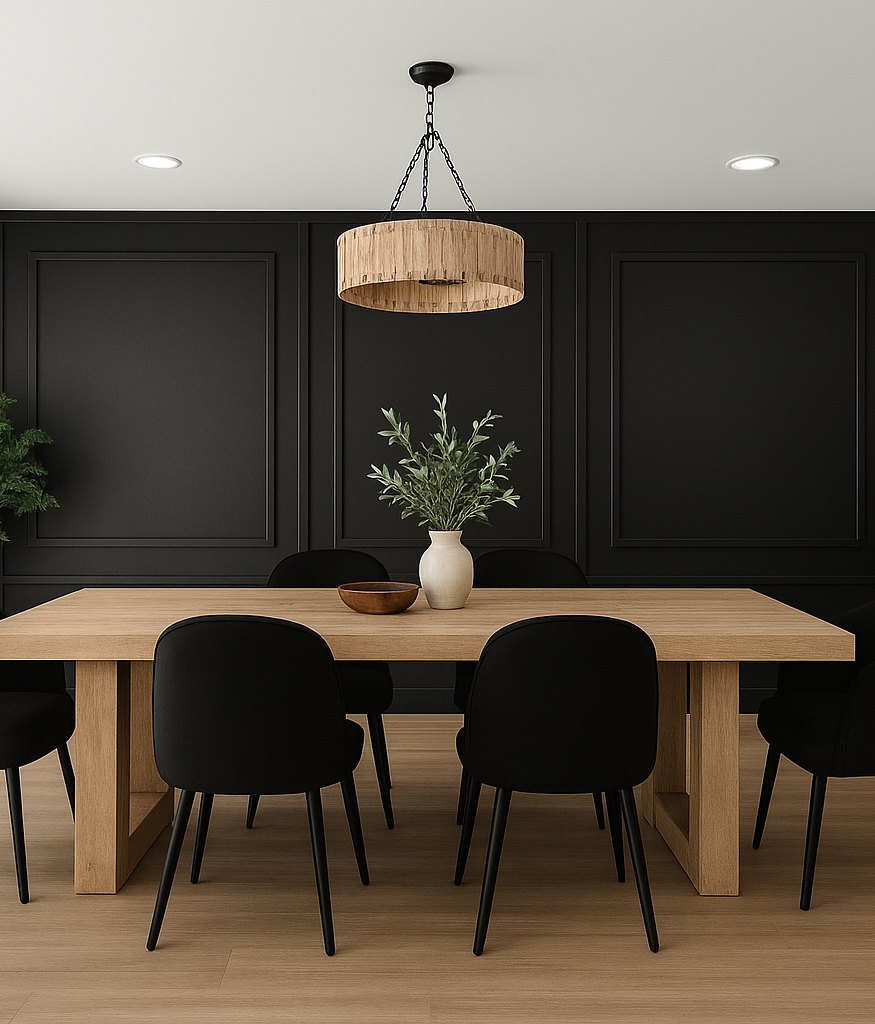 Modern dining room with a light wood table, six black chairs, a white vase with green foliage, and black paneled walls.