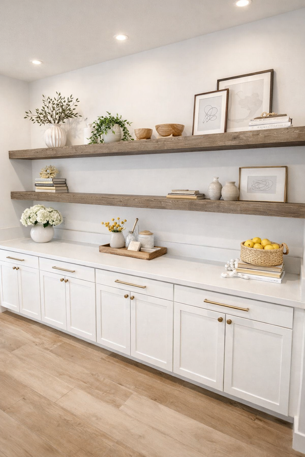 Decorative kitchen shelf with plants, framed art, bowls, and books, above white cabinetry and wooden flooring.