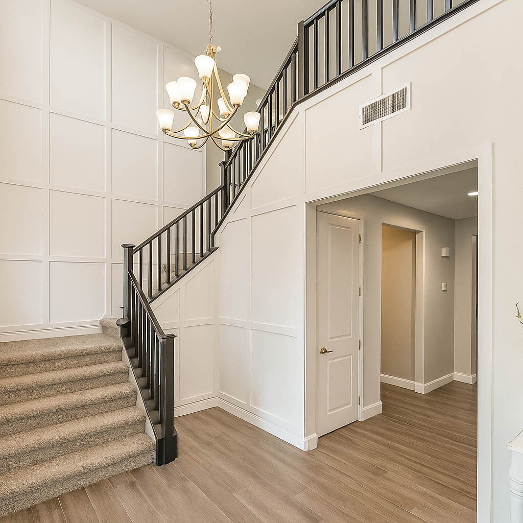 Interior view of a modern house entryway with a staircase, a chandelier, and a door leading to another room.