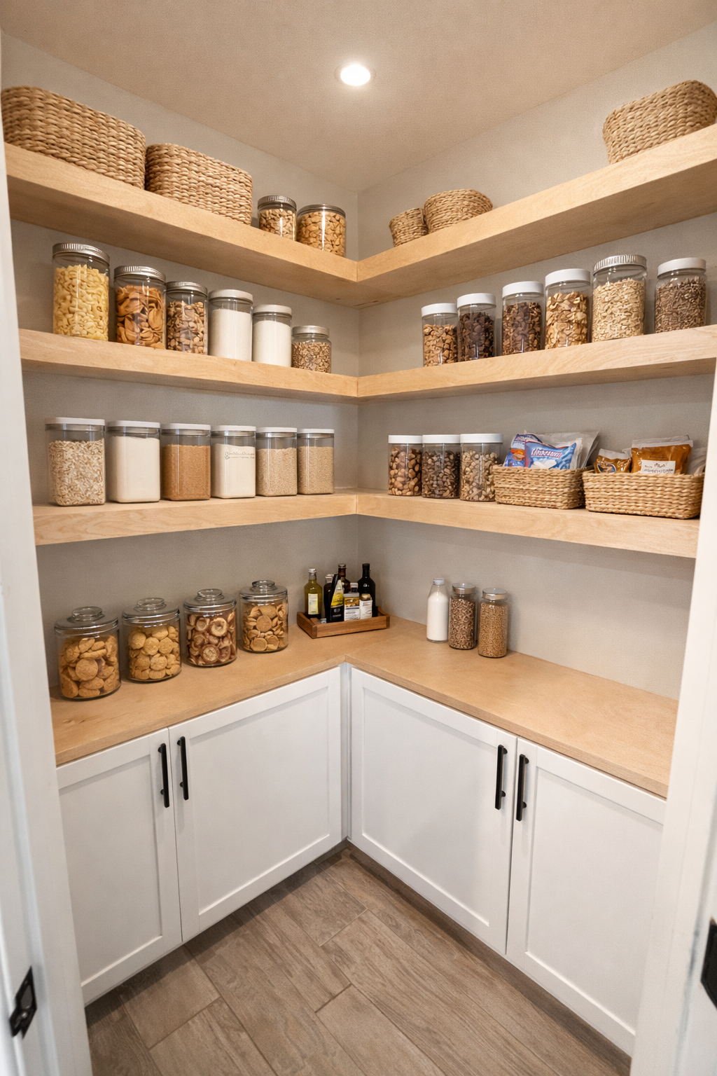 Pantry with wooden shelves filled with jars of dry goods like pasta, cookies, grains, and nuts, along with baskets and bottles on the countertop and closed white cabinet doors below.