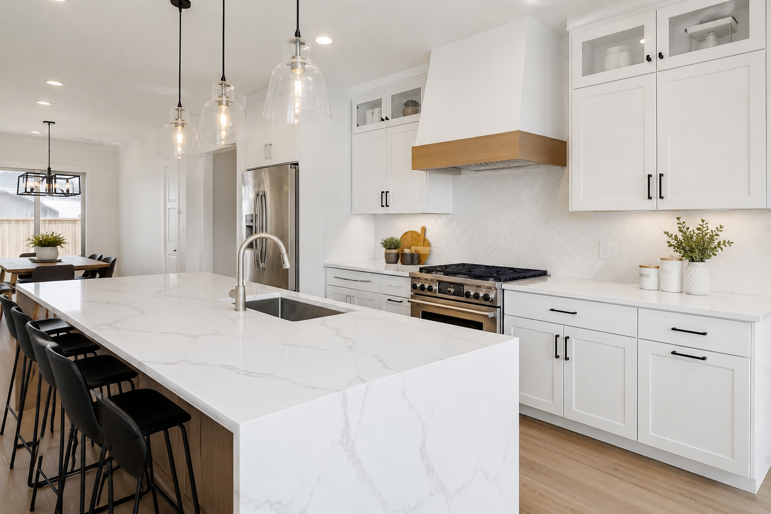 Modern white kitchen with marble island, black stools, stainless steel refrigerator, gold and black hardware, and decorative plants.