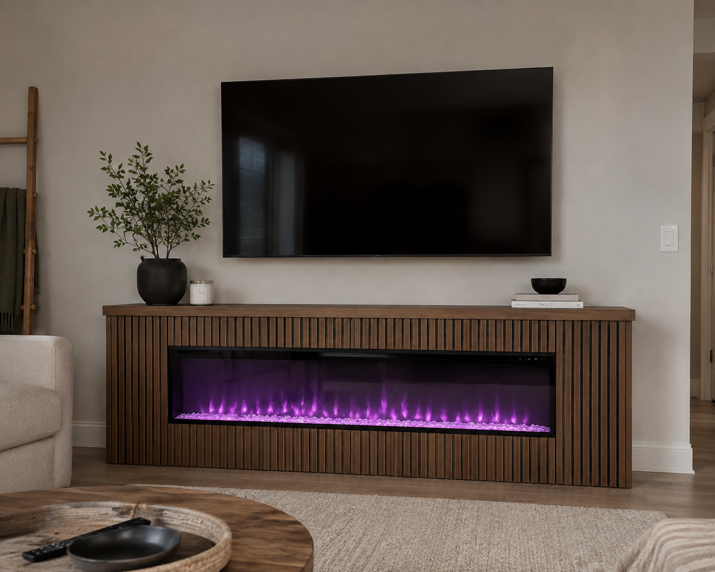 Custom Fluted Wood Fireplace Media Console
