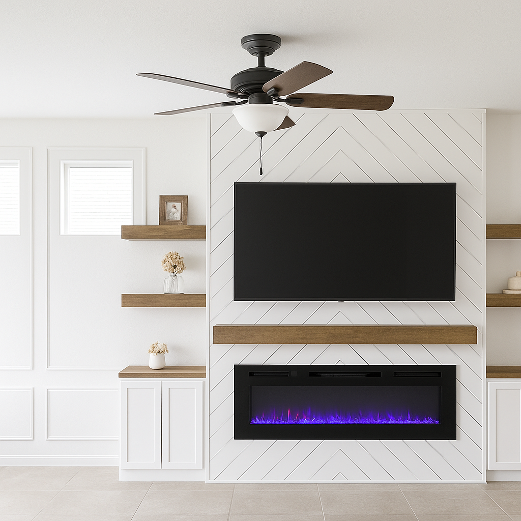 Modern living room with white walls, a wall-mounted TV, a fireplace with purple flames, and wooden shelves decorated with small plants and photo frames, illuminated by natural light from windows.