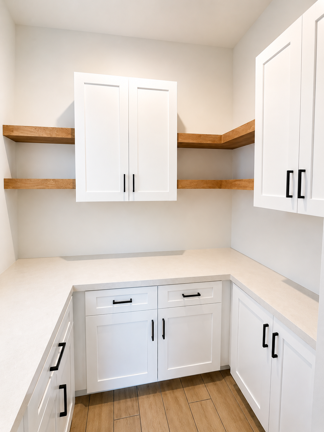 Empty modern kitchen with white cabinets, wooden open shelves, and black handles, on light-colored walls with wooden flooring.