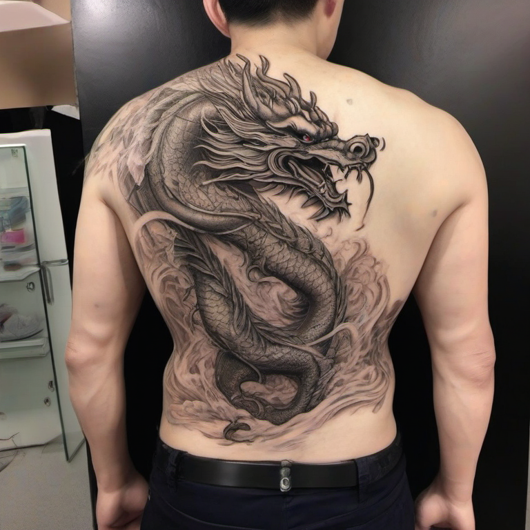 背中に大きな竜のタトゥーが描かれている男性の背中