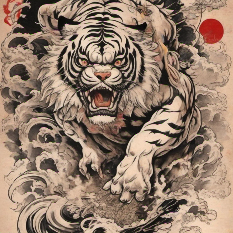 威嚇する白と黒の虎が煙や雲の中を走っている日本の伝統的な絵画風の虎の絵。背景には赤い太陽。