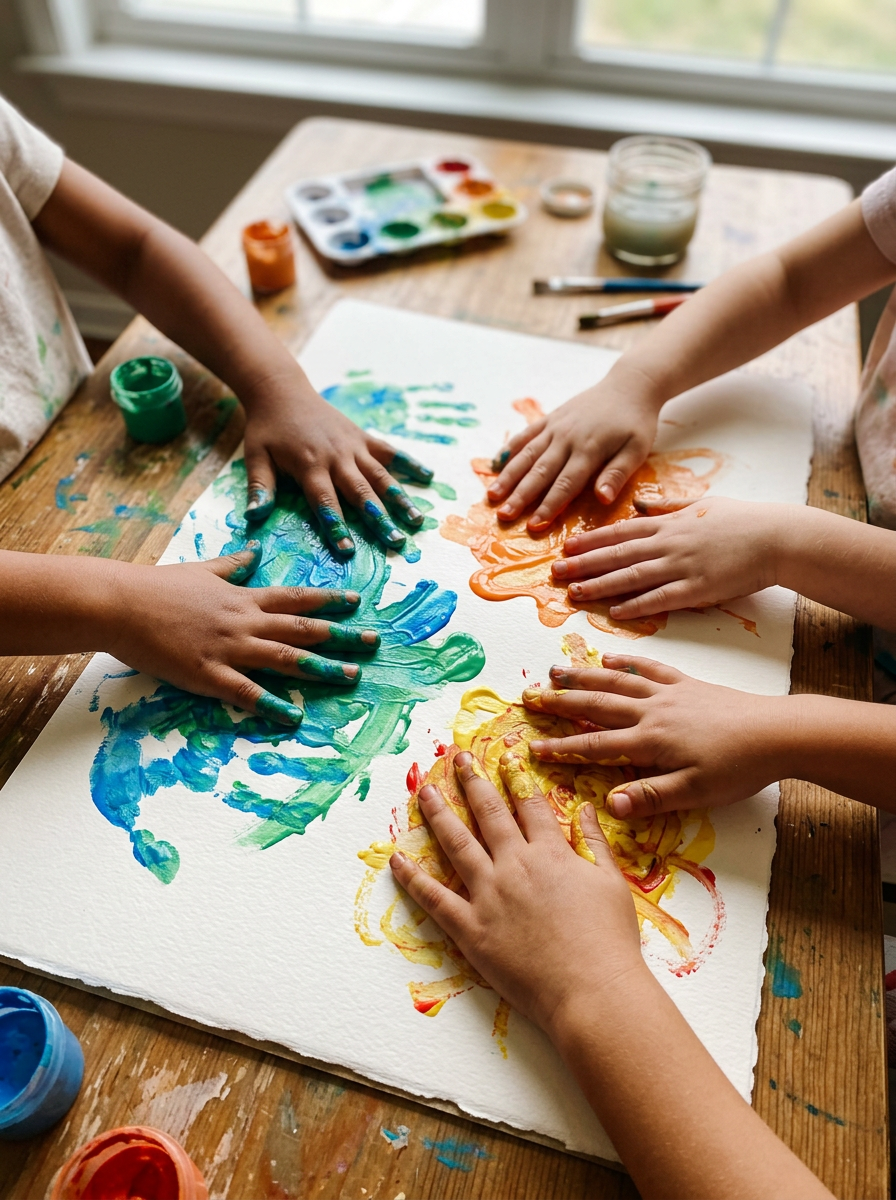 Kids Groups, Kids Church, Sunday school, IEC.

Children's hands are creating a colorful abstract painting using finger paints on a large sheet of paper. The table has containers of paint, brushes, and a palette visible.