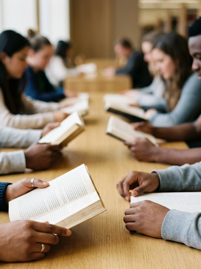 IKoti picture, student group.
Group of people sitting around a long table, reading books in a library or study room.