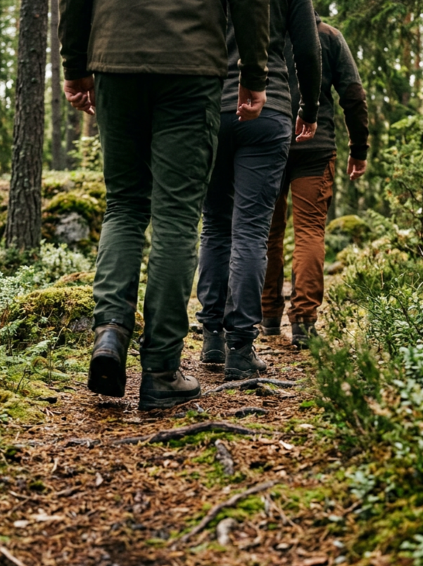 Three people hiking on a trail in a forest, viewed from behind.