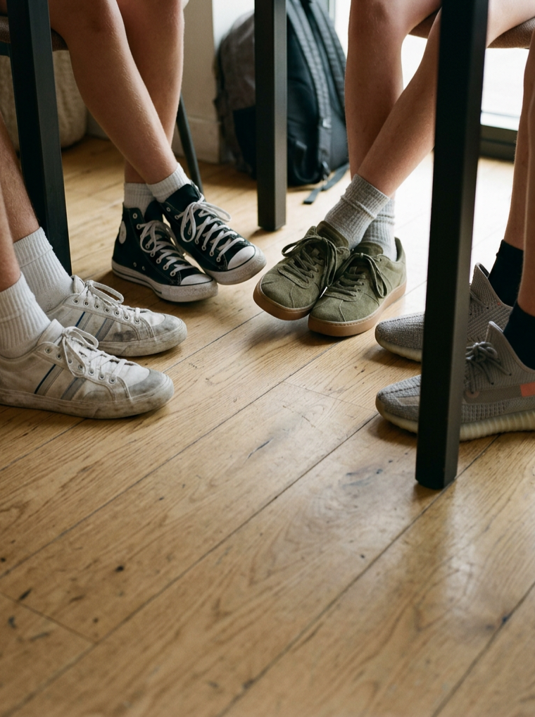 Teens group, Teens church, discussion groups.

Close-up of four people sitting at a table, with only their legs and sneakers visible, on a wooden floor.