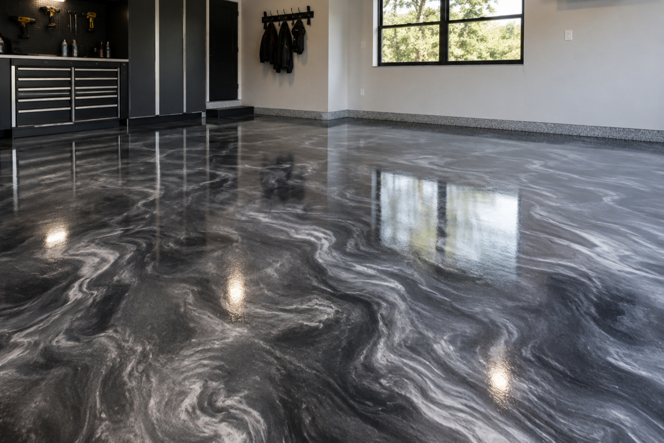 A garage with a polished, marbled black and gray epoxy floor, storage cabinets on the left side, hooks with jackets on the wall, and large windows allowing natural light to enter.