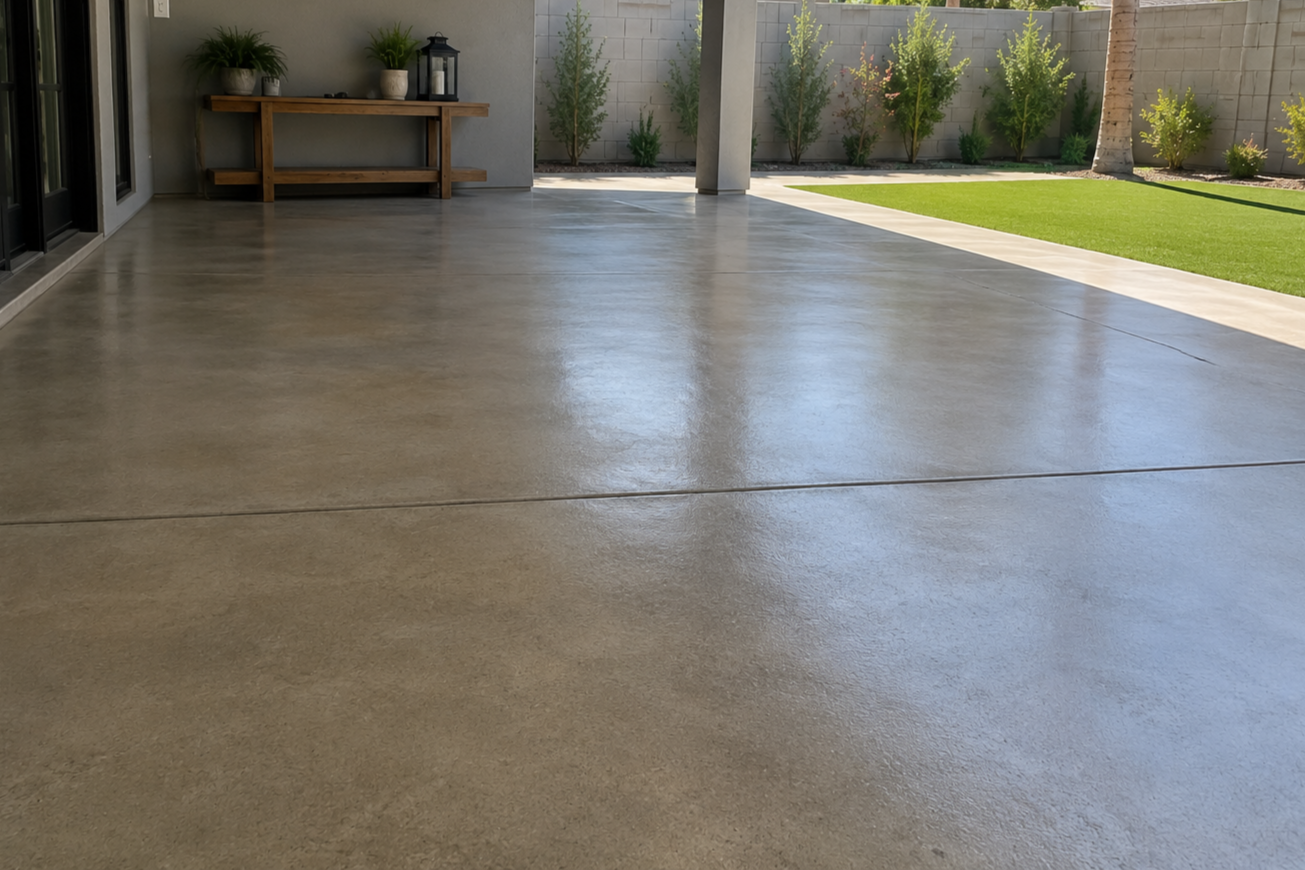 A concrete patio with a smooth, polished surface next to a grassy yard enclosed by a wall with plants and trees.