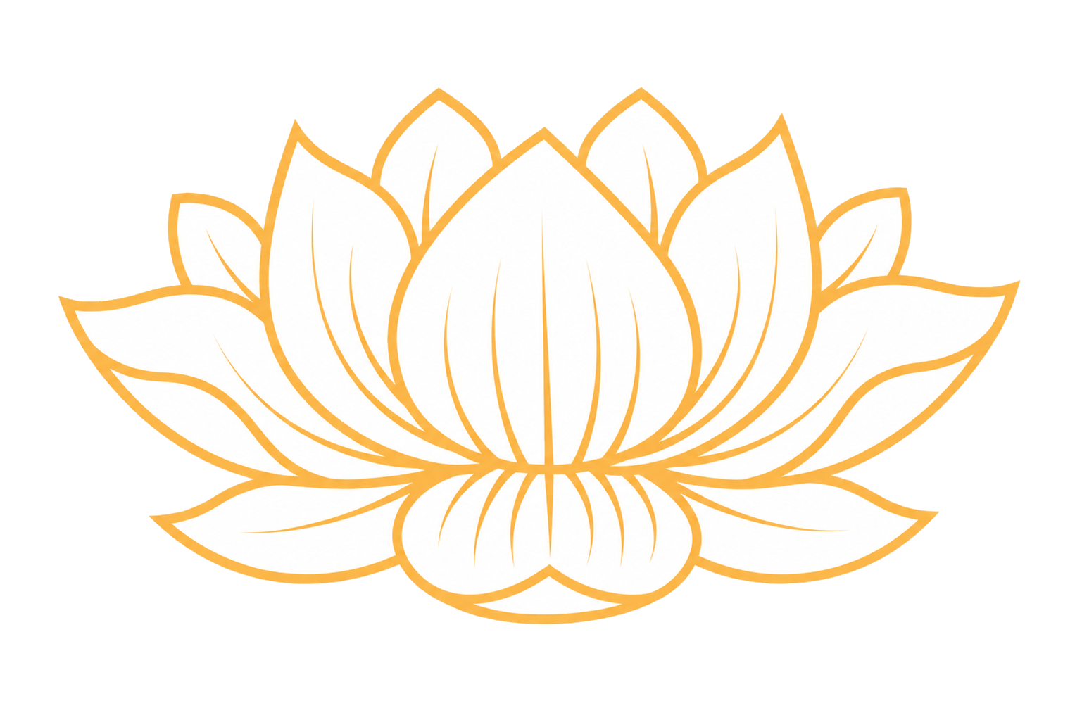 Outline illustration of a lotus flower with white petals and gold outlines.