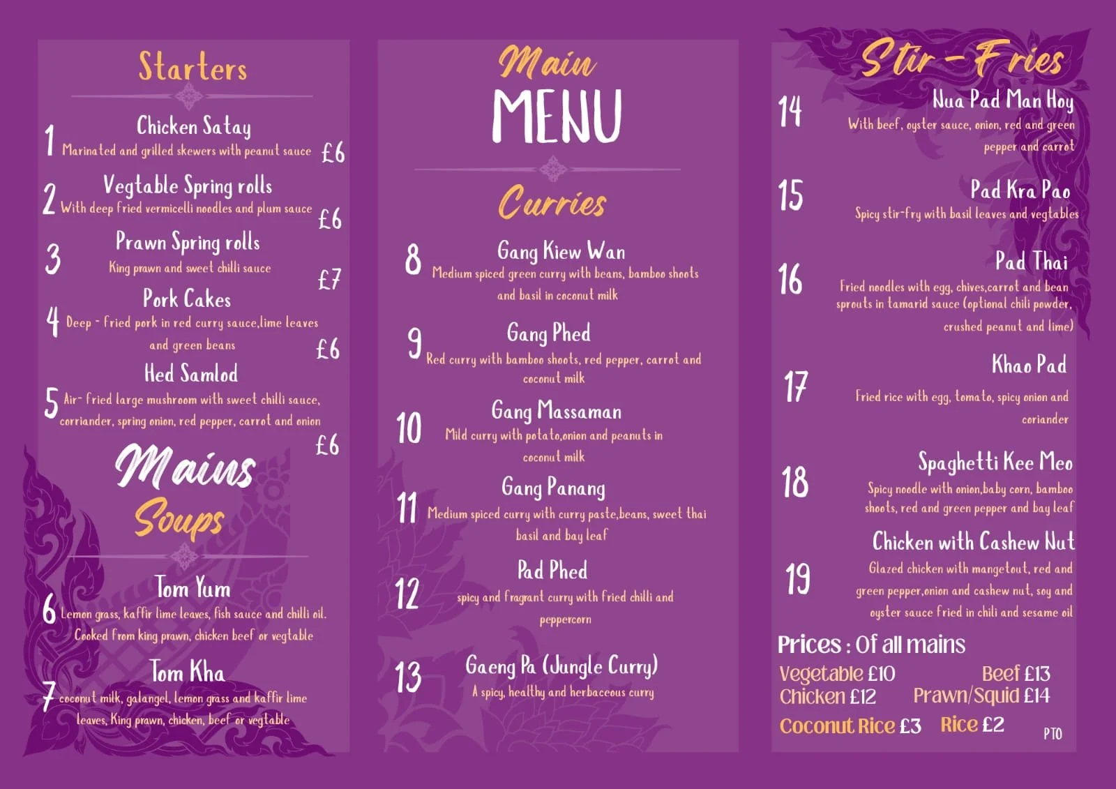 Thai restaurant menu with sections for Starters, Mains, Soups, Curries, Stir-Fries, and prices, featuring dishes like Chicken Satay, Vegetable Spring Rolls, Prawn Spring Rolls, Pork Cakes, and various curries and stir-fries.