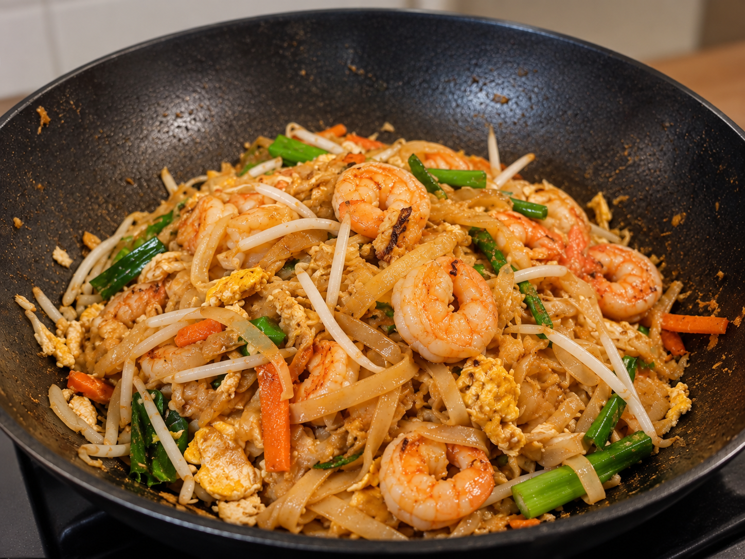 Stir-fried shrimp with vegetables and noodles in a black wok.