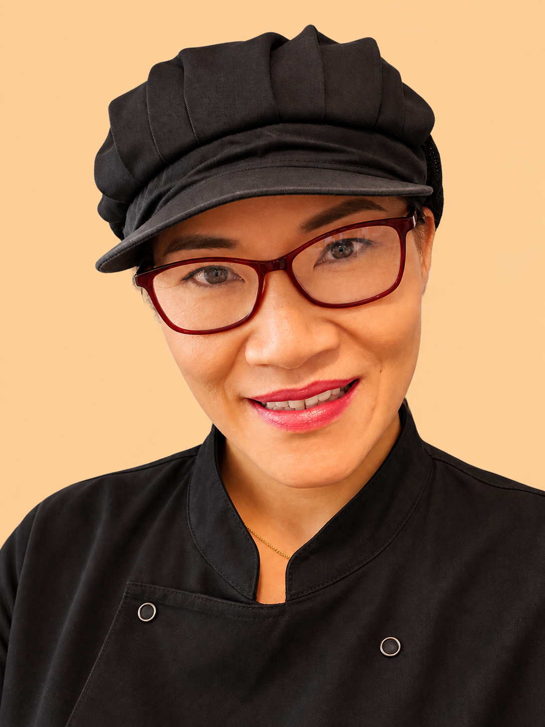 A smiling woman wearing glasses, a black chef's jacket, and a black chef's hat against a beige background.